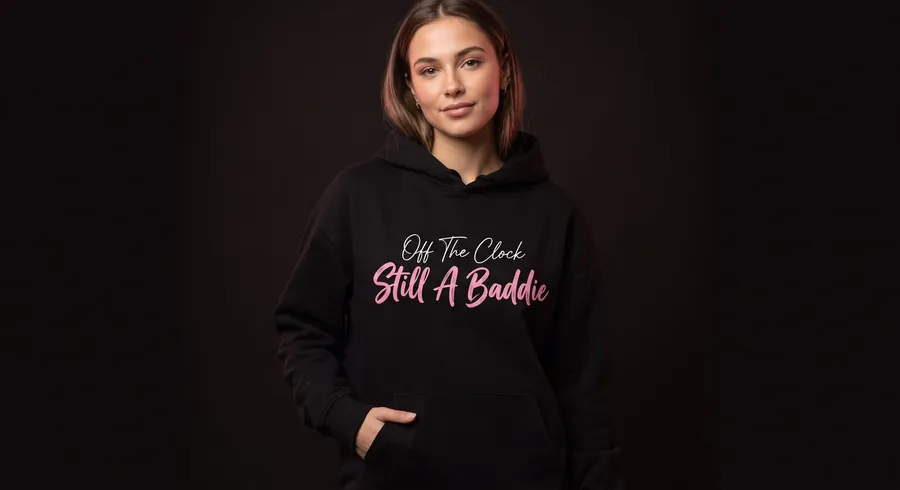 Model wearing the Off The Clock hoodie