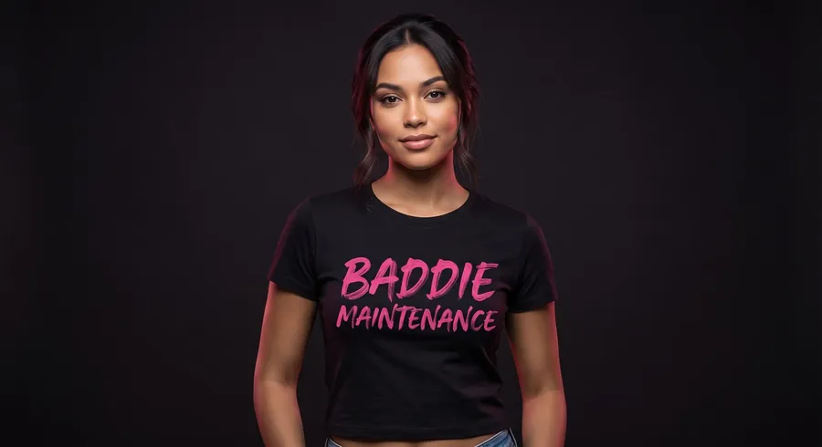 Model wearing the Baddie Maintenance tee
